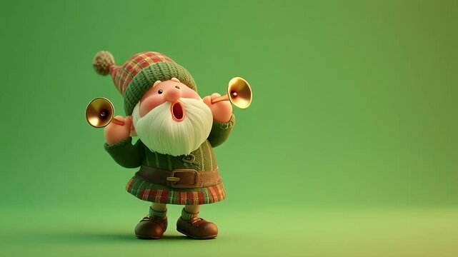 Jolly Christmas Dwarf Character Gnome Playing Horns Happy Holidays