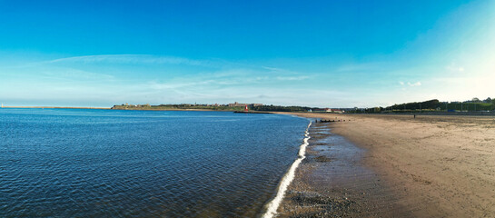 Aerial Panoramic View of Beach and Ocean of Newcastle Port City of Northern England, United...