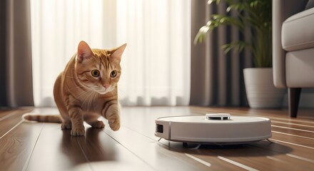 An orange cat watching a robot vacuum cleaner move across a modern home floor, exploring smart technology concept