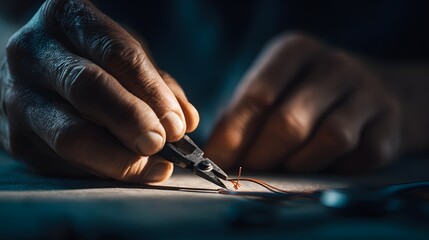 Close up shows hands carefully manipulating fine copper wires with small pliers