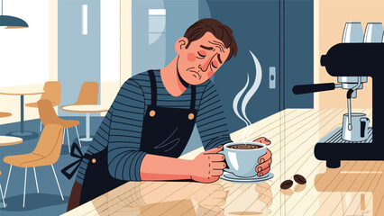 Flat modern vector of a tired barista resting with a cup after a long shift, ideal for storytelling illustrations and café lifestyle content