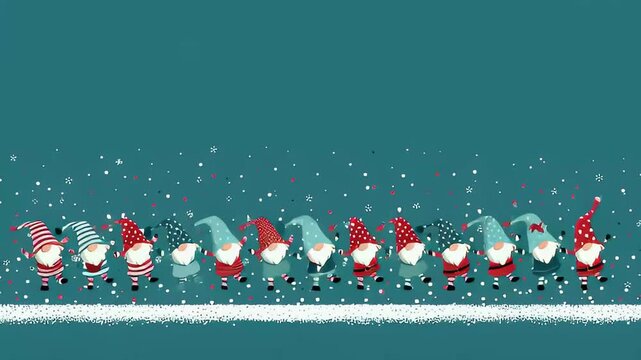A festive line of cute Christmas dwarfs in hats snowing background