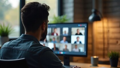 Man participates in online video meeting with multiple people visible on screen. He is at his desk in front of computer. Remote teamwork and virtual communication.
