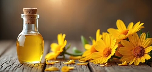 Arnica oil in glass bottle with fresh yellow arnica flowers. Arnica is often used in cosmetic products for skin. Alternative medicine and natural beauty concept.