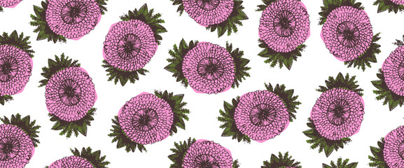 Bright pink, green and dark brown floral seamless pattern with hand drawn sketch daisy flowers collage. Cute color and outline black boho botanical print for textile, wrapping paper, package