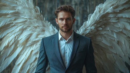 A distinguished man wearing a formal suit adorned with feathered wings. This image evokes a sense of fantasy, aspiration, or transformation. Suitable for themes of innovation, ambition, and dreams.