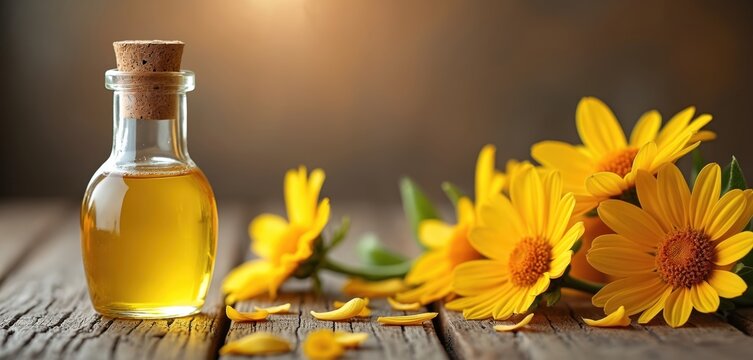 Arnica oil in glass bottle with fresh yellow arnica flowers. Arnica is often used in cosmetic products for skin. Alternative medicine and natural beauty concept.