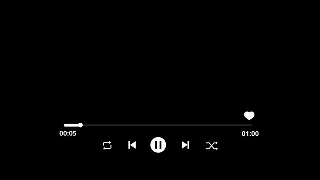 1 minutes Music player overlay on transparent background, Multimedia player template, Audio music timeline bar moving with track on 4K video 
