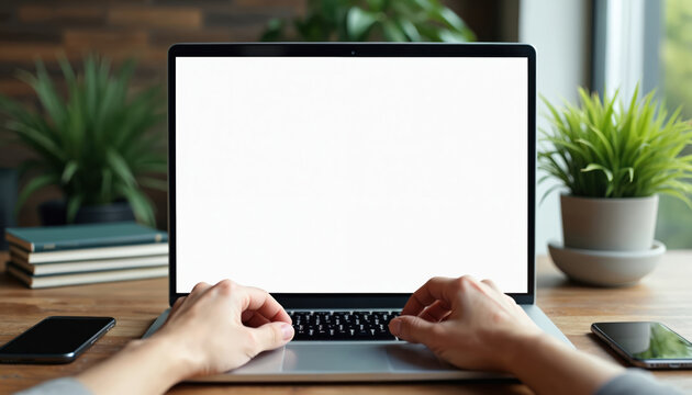 Hands type on laptop keyboard with blank screen. Modern workspace with plants and two phones. Person works at desk with notebook. Business or marketing concept on wood table. - Powered by Adobe