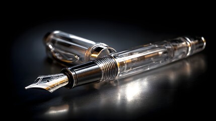 Transparent fountain pen rests uncapped on a dark reflective surface under dramatic lighting.