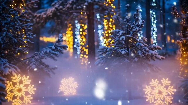 a cozy winter village shines brightly with festive Christmas lights, festive scene, festive background, Christmas ambience background, Christmas background videos, Holiday Stock Footage