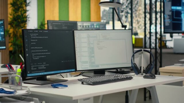 Advanced AI algorithms running on computer monitors in empty startup workspace. Artificial intelligence coding platform on PC screens in modern office optimizing software for scalability