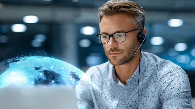 Professional male customer support agent wearing glasses and headset, engaged in online work at night. Digital network visualization emphasizes innovation and remote communication trends