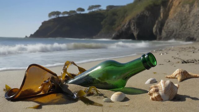 Ocean waves lap at broken glass bottles and marine debris on a sunny sandy beach