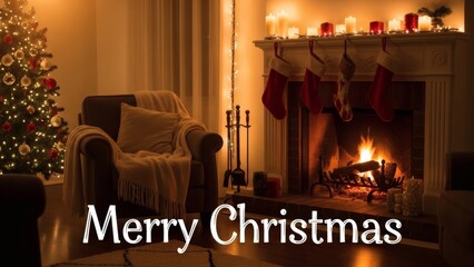 Cozy Christmas Eve Living Room with Fireplace and Merry Christmas Text Overlay
