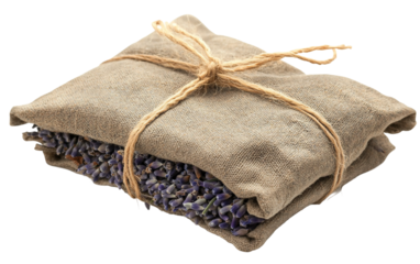 Small cloth sachets of dried lavender tied with string highlighting natural fragrance and calming aroma isolated on transparent background PNG