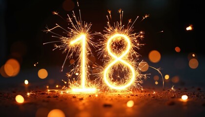 Glowing number 18 made with sparklers. Festive background for celebrating milestone. Birthday party decor with fireworks. Eighteen years anniversary celebration. Special event with bright