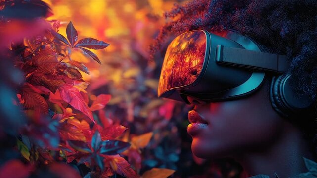 A person wearing VR goggles is immersed in a vibrant scene of foliage, reflected in the lenses