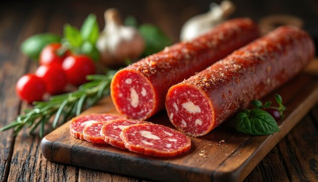 Spicy chorizo salami on wooden board with cherry tomatoes, garlic, and herbs. Sliced sausage offers rich red texture and savory flavor. Perfect for culinary themes and recipes. - Powered by Adobe