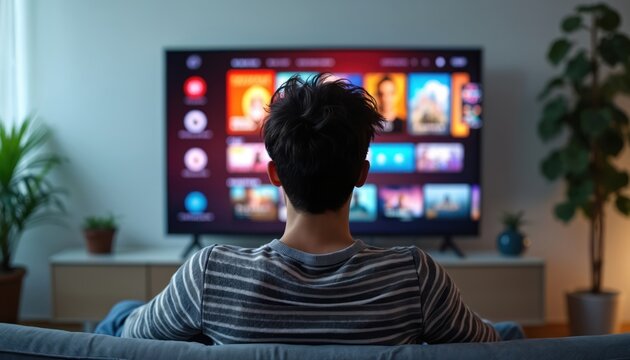 Young man sits on couch watching smart tv interface with movie posters. Male viewer browses content in living room, chooses show for relaxation and entertainment.