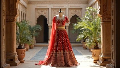 Traditional red lehenga choli outfit displayed on mannequin. Intricate gold embroidery adorns rich fabric. Ornate Indian attire features flowing skirt, matching blouse with dupatta. Festive cultural