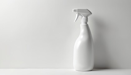 White spray bottle on a plain backdrop with ample copy space. This clean container, ready for liquid, is perfect for household cleaning product mockups.