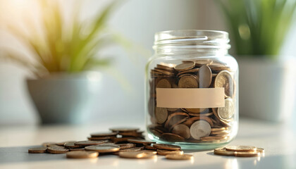Glass jar filled with coins on table. Label on jar. Coins spilled around jar. Potted plants in background. Savings concept. Money in jar. Financial security. Emergency fund. Coins scattered on