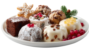 Assorted holiday treats arranged on a plate in a studio setting showcasing festive desserts and colorful seasonal snacks isolated on transparent background PNG