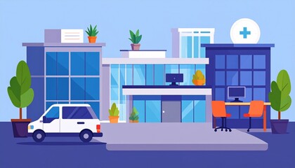 Modern flat illustration depicting a hospital or clinic building complex with a parked car and an interior reception desk.