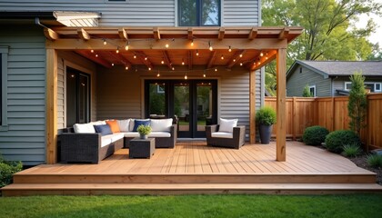 Newly built wooden deck with pergola, string lights, and modern furniture. Outdoor living space extension adjacent to home, perfect for relaxation and entertaining guests.