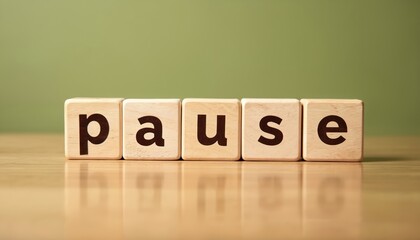 Wooden blocks spell out the word pause. This simple graphic represents taking a break from work or daily life. It can signify rest relaxation and stopping. The clean design is versatile.