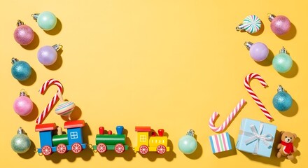 Obraz premium Festive Christmas decorations and toys, including a train, ornaments, candy canes, and presents, laid out on a vibrant yellow background