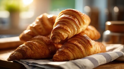 Freshly baked homemade croissants on wooden table, selective focus Fresh out of the oven. Breakfast or brunch concept.