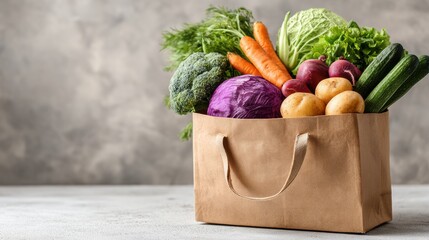 A brown paper shopping bag, filled to the top with varieties of fruit, on a light wood surface. Isolated on a turquoise blue background.