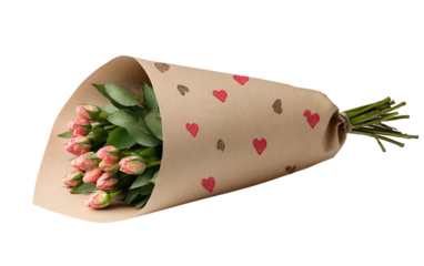 Bouquet wrapped in kraft paper with heart stickers captured in bright studio light for romantic gift presentation isolated on transparent background PNG