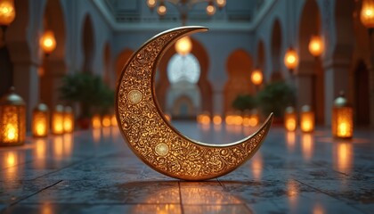 Golden crescent moon with ornate patterns sits on tiled floor in dimly lit room. Lanterns glow warmly, illuminating Islamic architecture in background. This holy symbol signifies faith and tradition.