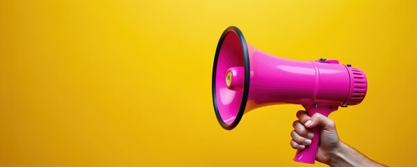 Arm holds pink megaphone on yellow backdrop. Person announces breaking news via bullhorn. News broadcaster makes important statement. It is important to be loud and get attention now.