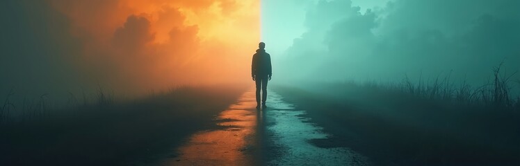 Person stands at a misty road fork splitting into two contrasting colored paths, symbolizing a life choice. They face uncertain future, contemplating which way to turn.