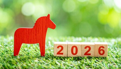 Chinese New Year 2026 horse silhouette with wooden number blocks in bright outdoor festive scene