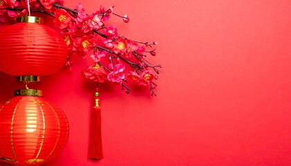 Lunar New Year Red Lantern Decoration: Cherry Blossoms for Festive Ambiance on Red