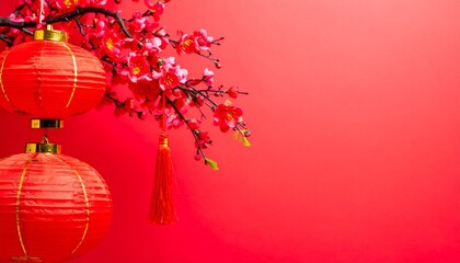 Red Lantern Art with Cherry Blossoms: Festive Chinese New Year Decoration Backdrop