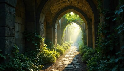 Ancient stone archway tunnel with green plants vines growing on walls. Pathway leads through arches to bright light. Medieval architecture with foliage, plants. Pathway stones, gravel. Sunlight