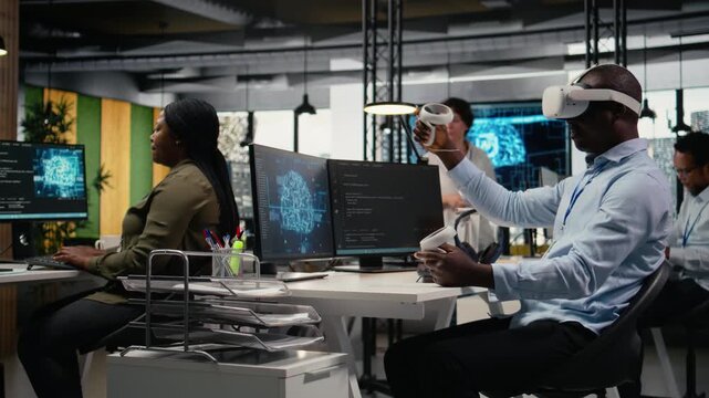 Technician in office using VR headset equipment to accelerate complex AI calculations. IT expert using virtual reality tech to manage machine learning training datasets, camera A