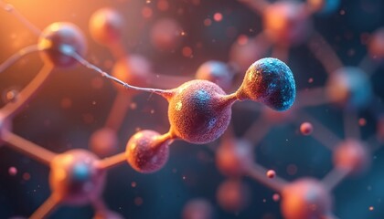 Abstract molecular structure with glowing spheres connected by lines. Warm orange, cool blue tones create sense of energy, complexity. Particles float in dark background suggesting scientific
