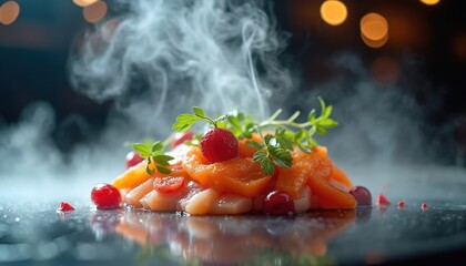 Close up view shows stylish meal presentation with vegetables and fruits served with smoke. Food is cooked with modern culinary techniques. Gourmet dish on dark background for food magazine.
