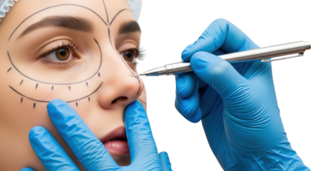 Surgeon's gloved hand marks woman's face with surgical pen indicating cosmetic procedure isolate plastic surgery