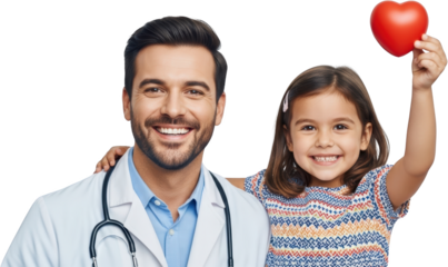 Smiling doctor with stethoscope and happy child holding a red heart isolate health medical care kid young
