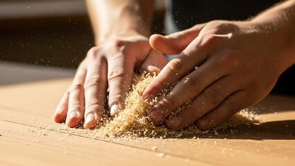 Artisan's hands shaping and smoothing sawdust on wooden surface