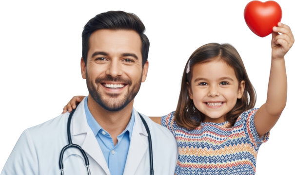 Smiling doctor with stethoscope and happy child holding a red heart isolate health medical care kid young - Powered by Adobe