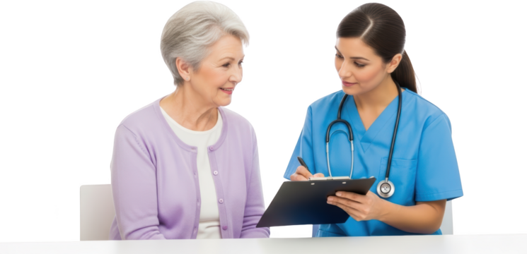 A nurse in blue scrubs talks with an older woman wearing a purple cardigan holding a clipboard patient transparent background - Powered by Adobe